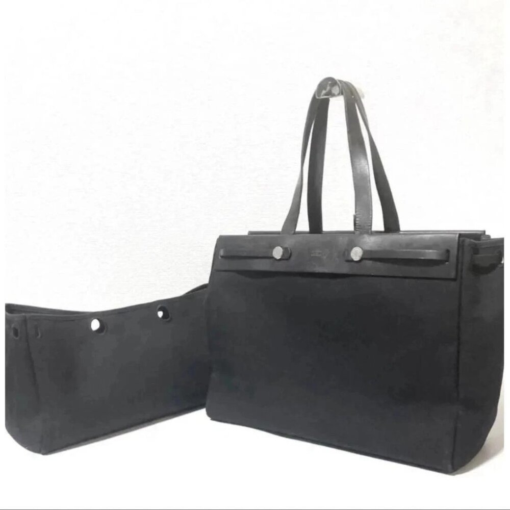 Auth HERMES Her Bag Cabas MM Black Toile Officier Box Calf Square F. No Tariff